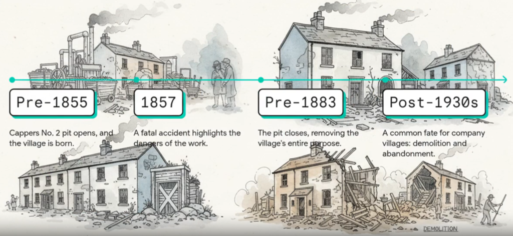 Timeline of the lost village of Cappers in West Lothian's Life Cycle.