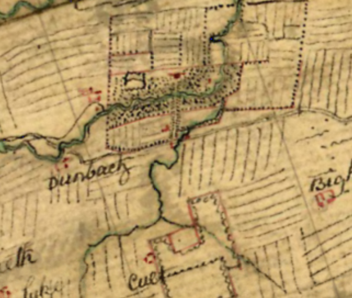 Dumback Mill showing as 'Dunbach' on Roy's 1752 map of the scottish lowlands. Dunbach is P-Celtic for 'littleHouse'. So you could say that Dumbach originally meant 'wee hoose'.