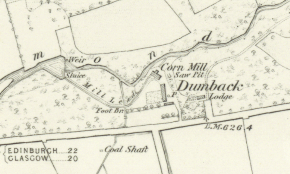 An 1831 map shows the Dumback Corn Mill alongside the Saw Mill and Lodge.