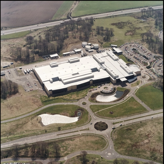aerial - Facing Southwest - Colour shot - Motororola plant at easter inch, bathgate, west lothian, scotland which opened in 1992 and brought hope of employment and careers to west lothian but was short lived and the plant closed its doors in 1999