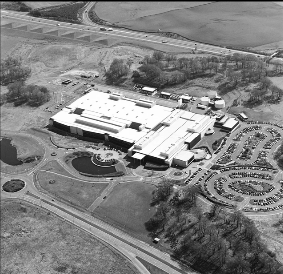 aerial - Facing Southwest - Colour shot - Motororola plant at easter inch, bathgate, west lothian, scotland which opened in 1992 and brought hope of employment and careers to west lothian but was short lived and the plant closed its doors in 1999